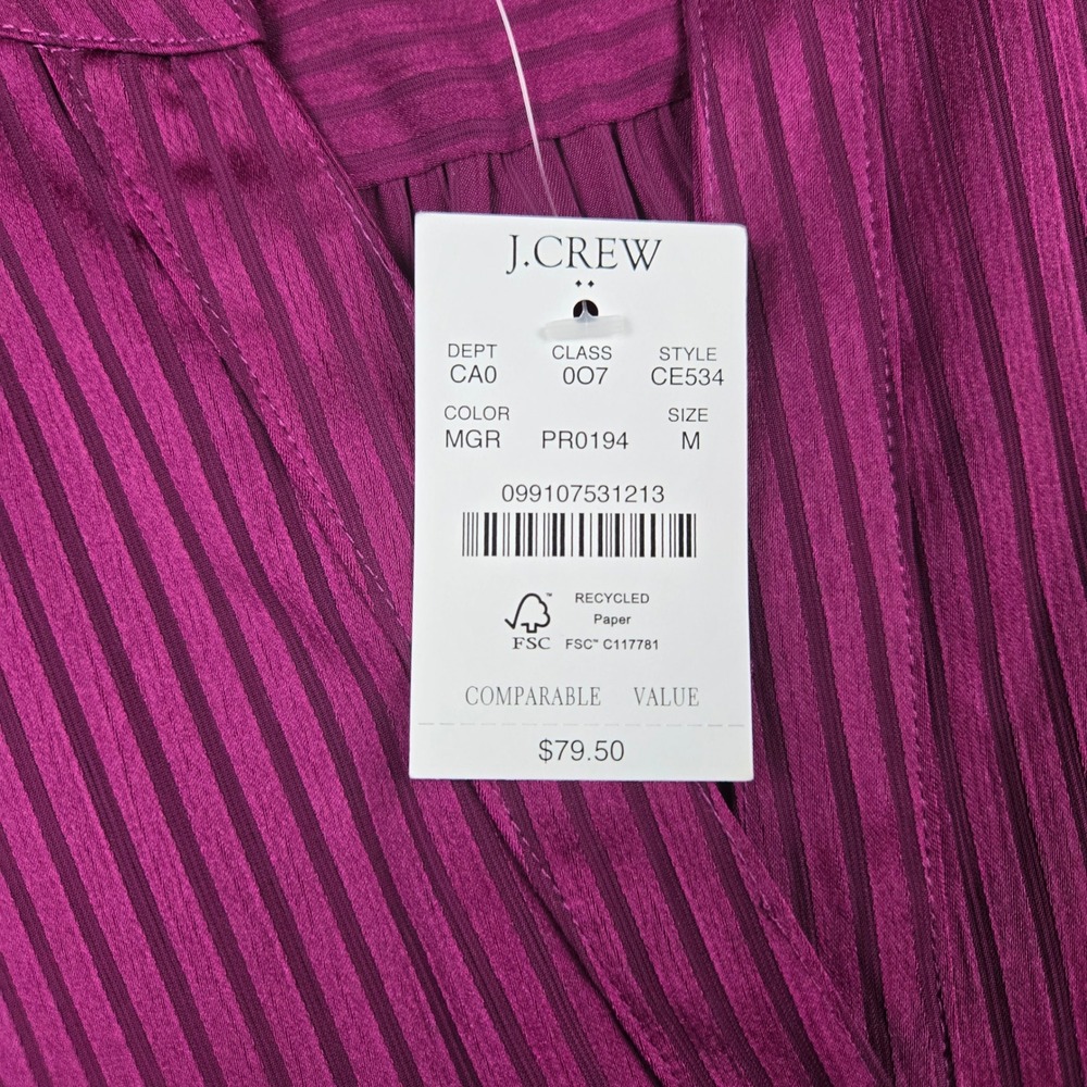 J.Crew Henley Blouse Womens Medium Magenta Stripe Satin Long Sleeve Chic NWT - Picture 3 of 9